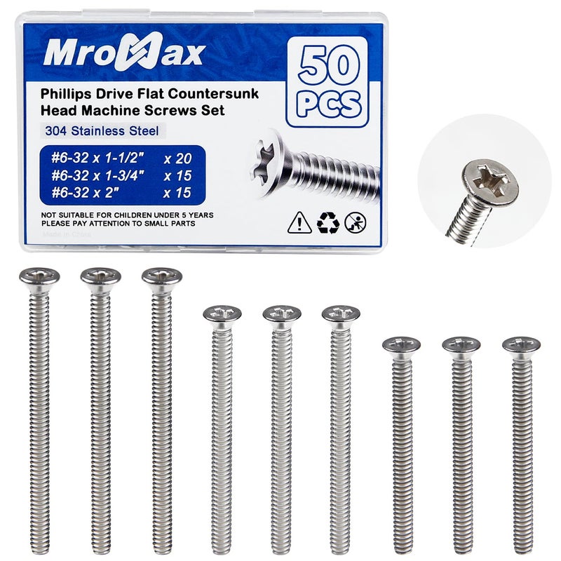 MroMax #6-32 1-1/2 بوصة، 1-3/4 بوصة، 2 بوصة براغي مخرج إضافية طويلة، 50 قطعة من براغي الماكينة الكهربائية من الفولاذ المقاوم للصدأ 304، براغي مسطحة رأس فيليبس، براغي مثبتة مغمورة - Image 1